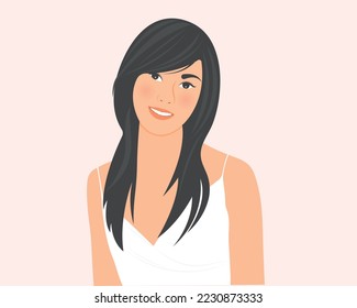 Young beautiful woman with long cute gentle hair smiling happily has a beautiful glowing skin.Vector illustration concept of health care or skin care.