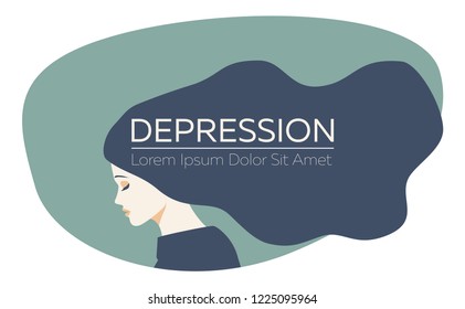 Young beautiful woman with long dark blue hair is in depression. Vector image, flat style, muted cold color palette. Sad girl, place for your text 