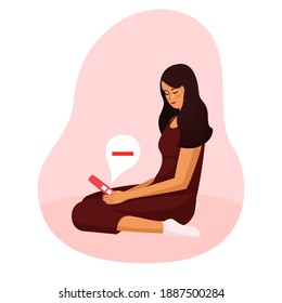 young beautiful woman is looking at pregnancy test. Negative pregnancy test Girl sitting on  floor crying she is not pregnant. In despair. Concept vector illustration flat white background. Infertil