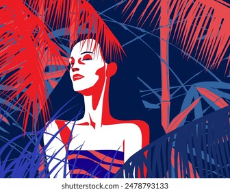 Young beautiful woman looking through the leaves and tropical plants in the evening or at night. A portrait of young female character standing in the tropical leaves. Jungle. Vector illustration