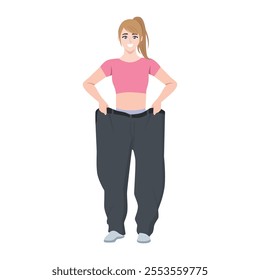 Young beautiful woman lost weight. Good diet. Very big jeans. Flat vector Character Illustration