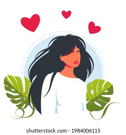 Young beautiful woman in love, hearts overhead.Positive lady expressing self love and care. Vector illustration for love yourself, body positive, confidence concept. self love concept.
