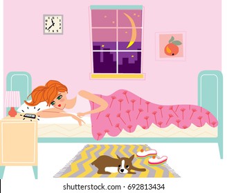 Young beautiful woman lying in the bed and waiting for the call at night. phone addiction. Vector illustration.