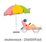 Young beautiful woman lying down on sun bed sofa lounge chair on holidays. Summer luxury vacation. Woman reading a book on the beach under parasol vector illustration, sunbathing by the pool. 