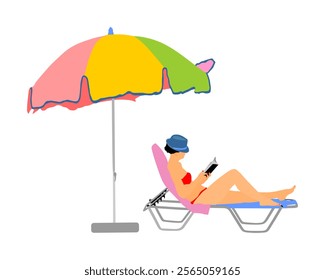 Young beautiful woman lying down on sun bed sofa lounge chair on holidays. Summer luxury vacation. Woman reading a book on the beach under parasol vector illustration, sunbathing by the pool. 
