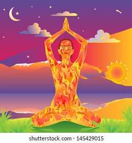 Young beautiful woman made of fire practices yoga on a scenic landscape background vector illustration