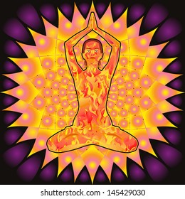 Young beautiful woman made of fire practices yoga vector illustration