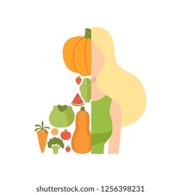 Young beautiful woman made with fresh fruits and vegetables, healthy eating, diet, organic vegan food vector Illustration