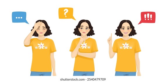 Young beautiful woman making decision - upset, thinking and making idea pointing up isolated on white background vector illustration