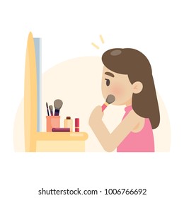 Young beautiful woman making makeup using a brush on face, vector flat design illustration.