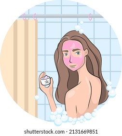 Young beautiful woman with a mask on her face. The girl stands in the shower with foam. The concept of beauty and body care. Spa at home, relaxation, treatments