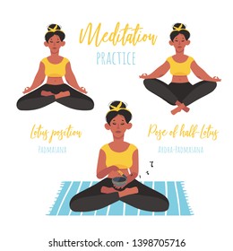 A young beautiful woman meditates in a Lotus position and in a half-Lotus position. Uses a Tibetan singing bowl for relaxation. Vector illustration in cartoon style.