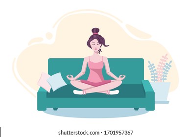 Young beautiful Woman Meditating on sofa. Horizontal flat vector illustration. Girl Sitting in Lotus Position. Lady Practicing Yoga Concentrating Pose.  Isolated on white background