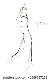 Young beautiful woman, model in evening dress. Fashion illustration in sketch style. Vector