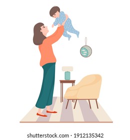 Young beautiful woman, mother holding baby boy in raised hands, playing with her little kid in the living room, flat cartoon vector illustration. Mother holding her little baby boy in raised hands