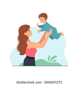 Young beautiful woman, mother holding baby boy in raised hands, playing with her little kid, flat cartoon vector illustration isolated on white background. Mother holding her little baby boy in raised