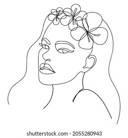 Young beautiful woman. One line drawing. Design element. Vector illustration isolated on white background. Template for books, stickers, posters, cards, clothes.