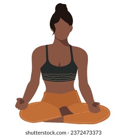 A young and beautiful woman performs yoga exercises, practices meditation in the lotus position on the mat. A black female character. Fashionable flat vector illustration