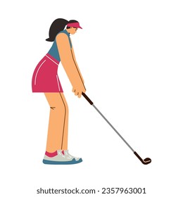 Young beautiful woman playing golf. Athlete female cartoon character hitting ball with club vector isolated illustration. Sport leisure activity, outdoor hobby or training. Golf tournament competition