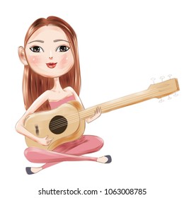 Young beautiful woman is playing a guitar.
musmucical performance.
teenager style portrait.
cartoon paint style.
sketch vector illustration.
