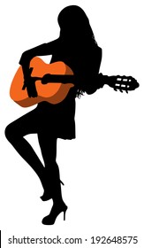 Young beautiful woman playing guitar, vector 