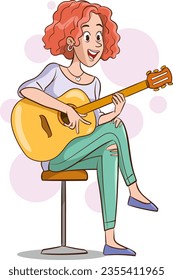 Young beautiful woman is playing a guitar. musical performance. teenager style portrait. vector illustration in cartoon style.