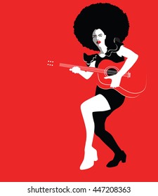 Young beautiful woman playing guitar, retro vintage vector illustration