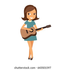 Young beautiful woman is playing a guitar.
musical performance.
teenager style portrait.
vector illustration in cartoon style.