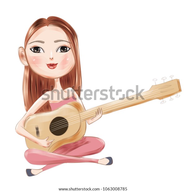 Young Beautiful Woman Playing Guitar Musmucical Stock Vector