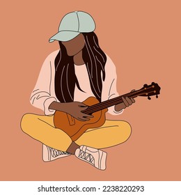 Young beautiful woman plays a guitar. Hand drawn Vector illustrations	