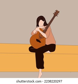 Young beautiful woman plays a guitar. Hand drawn Vector illustrations	