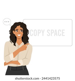 Young beautiful woman pointing finger at copy space. Flat Vector Illustration Isolated on White Background