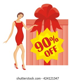 young beautiful woman points to a huge gift box with a sticker 90% off