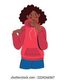 Una joven hermosa mujer reflexiona sobre la cuestión y sostiene su mentón. En una capucha roja y pantalones azules. Ilustración del vector blanco aislado 