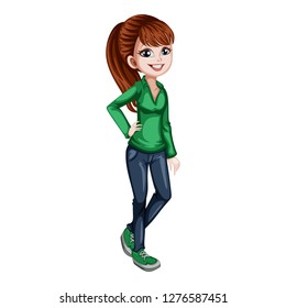 Young Beautiful Woman with a Ponytail in Stylish Clothes Cartoon Illustration. GirlWearing Green T-shirt and Jeans 