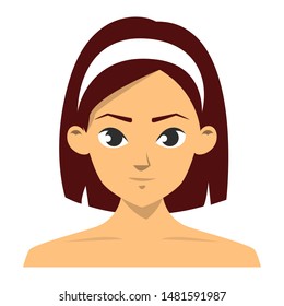 Young beautiful woman portrait vector isolated. Female face, brunette girl. Cute avatar, pretty haircut. Lovely teenager.