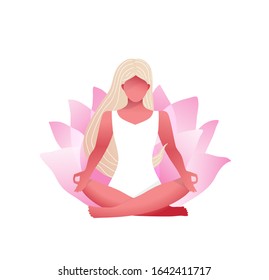 Young beautiful woman practice yoga Lotus pose in front of Lotus flower. Pretty yoga girl in lotus asana practice, flat style design body figure silhouette with lotus flower meditation. 
