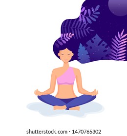 Young and beautiful woman practices meditation. Clean mind. Practice of yoga. Vector illustration. 