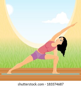 Young beautiful woman practices yoga uthita parshvakonasana vector illustration