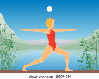 Young beautiful woman practicing warrior yoga asana on summer landscape vector illustration