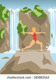 Young beautiful woman practicing warrior yoga asana on summer waterfall landscape vector illustration