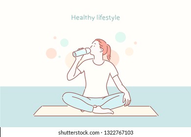 Young beautiful woman practicing yoga and gymnastic. Wellness concept. Classes in single sports. Hand drawn style vector design illustrations.