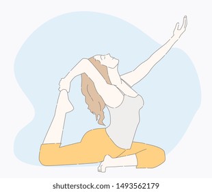 Young beautiful woman practicing yoga and gymnastic. Wellness concept. Classes in single sports. Hand drawn style vector design illustrations.