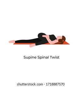 Young beautiful woman practicing yoga in supine spinal twist pose. Flat vector cartoon modern style illustration isolated white background.