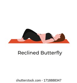 Young beautiful woman practicing yoga in reclined butterfly pose. Flat vector cartoon modern style illustration isolated white background.