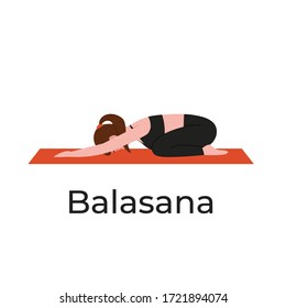 Young beautiful woman practicing yoga in balasana or child pose. Flat vector cartoon modern style illustration isolated white background.