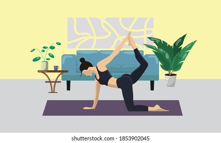 Young beautiful woman practicing yoga on a cozy mat at home. Living room concept with plants, girl, sofa, cup, person indoors. Flat vector illustration.