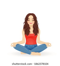 Young beautiful woman practicing yoga sitting in lotus pose with crossed legs isolated vector illustration