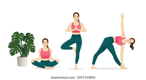 Young beautiful woman practicing yoga in different poses. Isolated vector illustration set