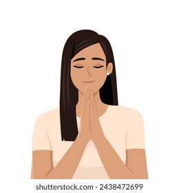 Young beautiful woman prays to God.  Flat Vector Illustration Isolated on White Background